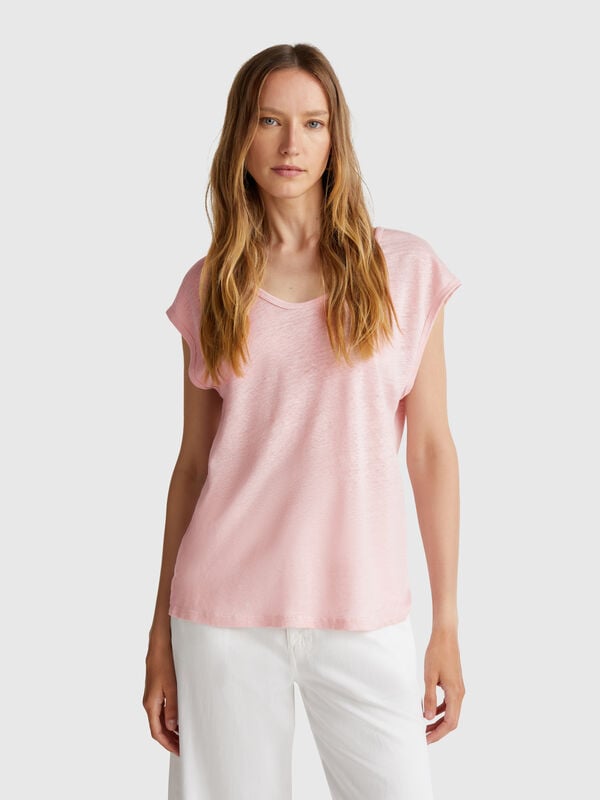 T-Shirt mit weitem Halsausschnitt aus reinem Leinen Damen