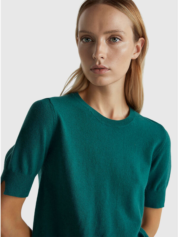 Maglia manica corta verde in pura lana Merino Donna