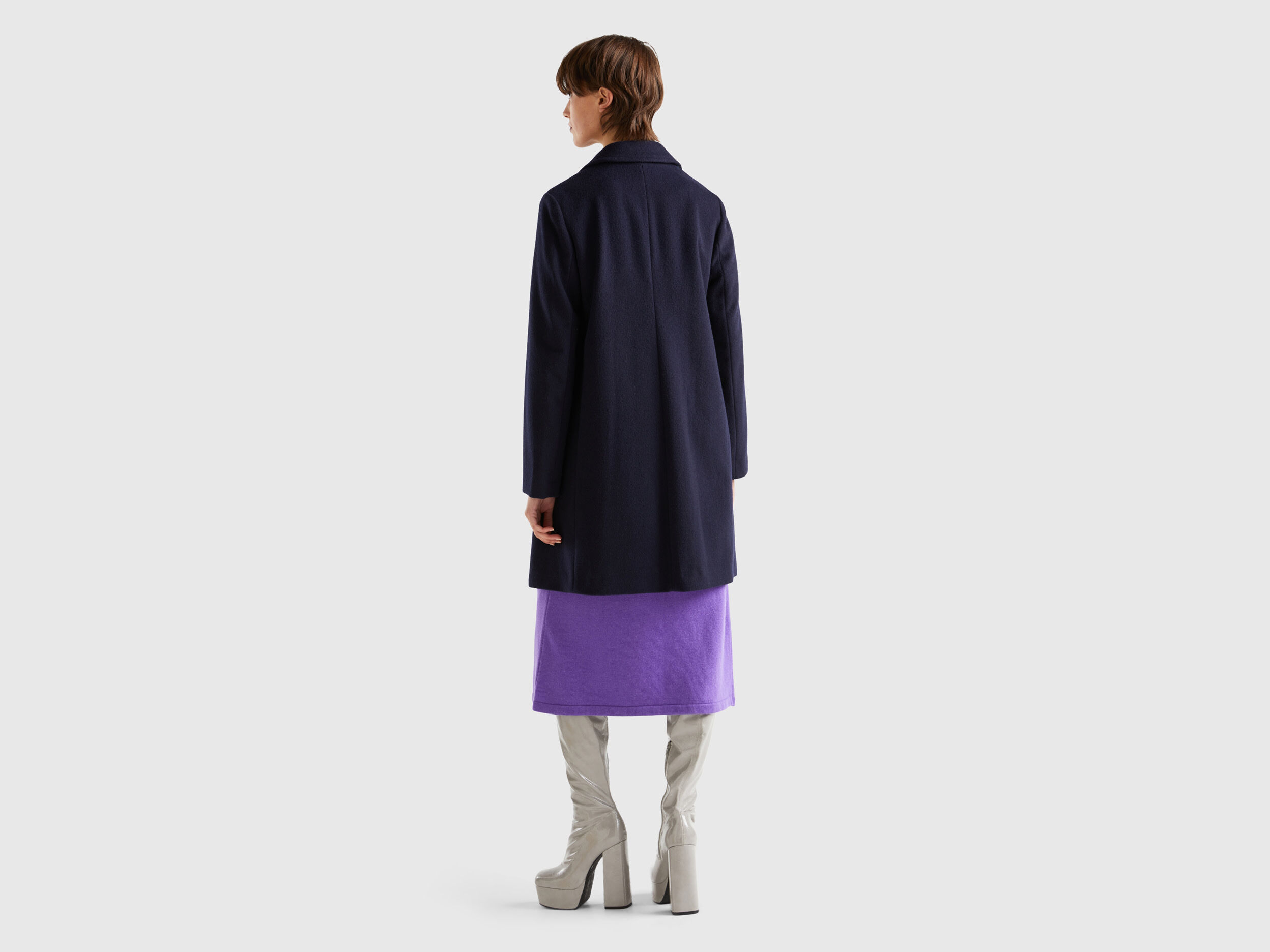 Manteau court en drap de laine m lang e Bleu Fonc Benetton