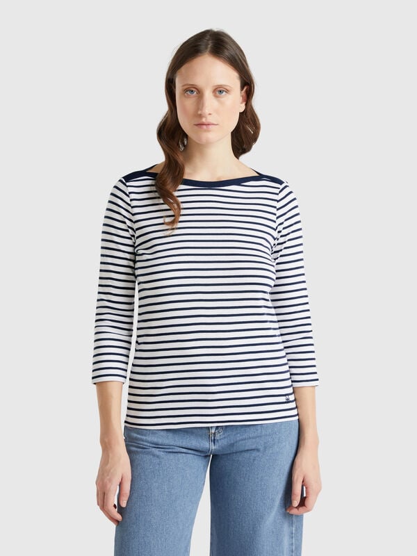 T-shirt manica 3/4 a righe in puro cotone Donna