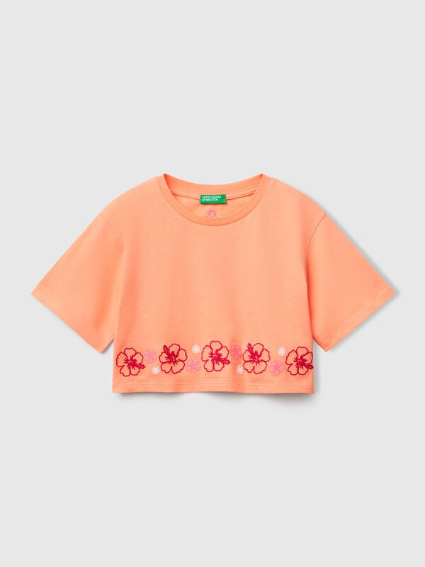 Orange t-shirt with flower embroidery Junior Girl