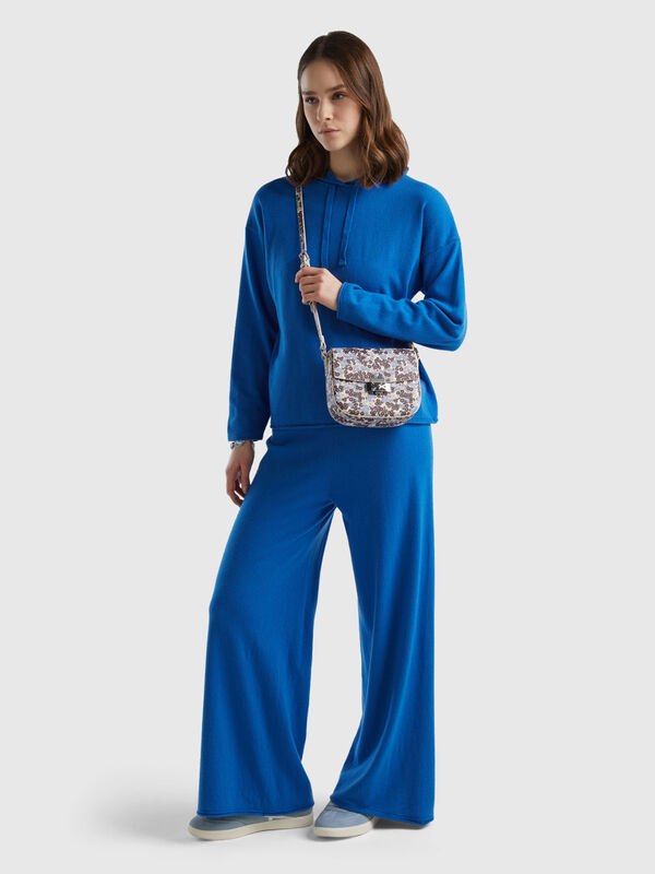 Pantaloni ampi blu in misto lana e cashmere Donna