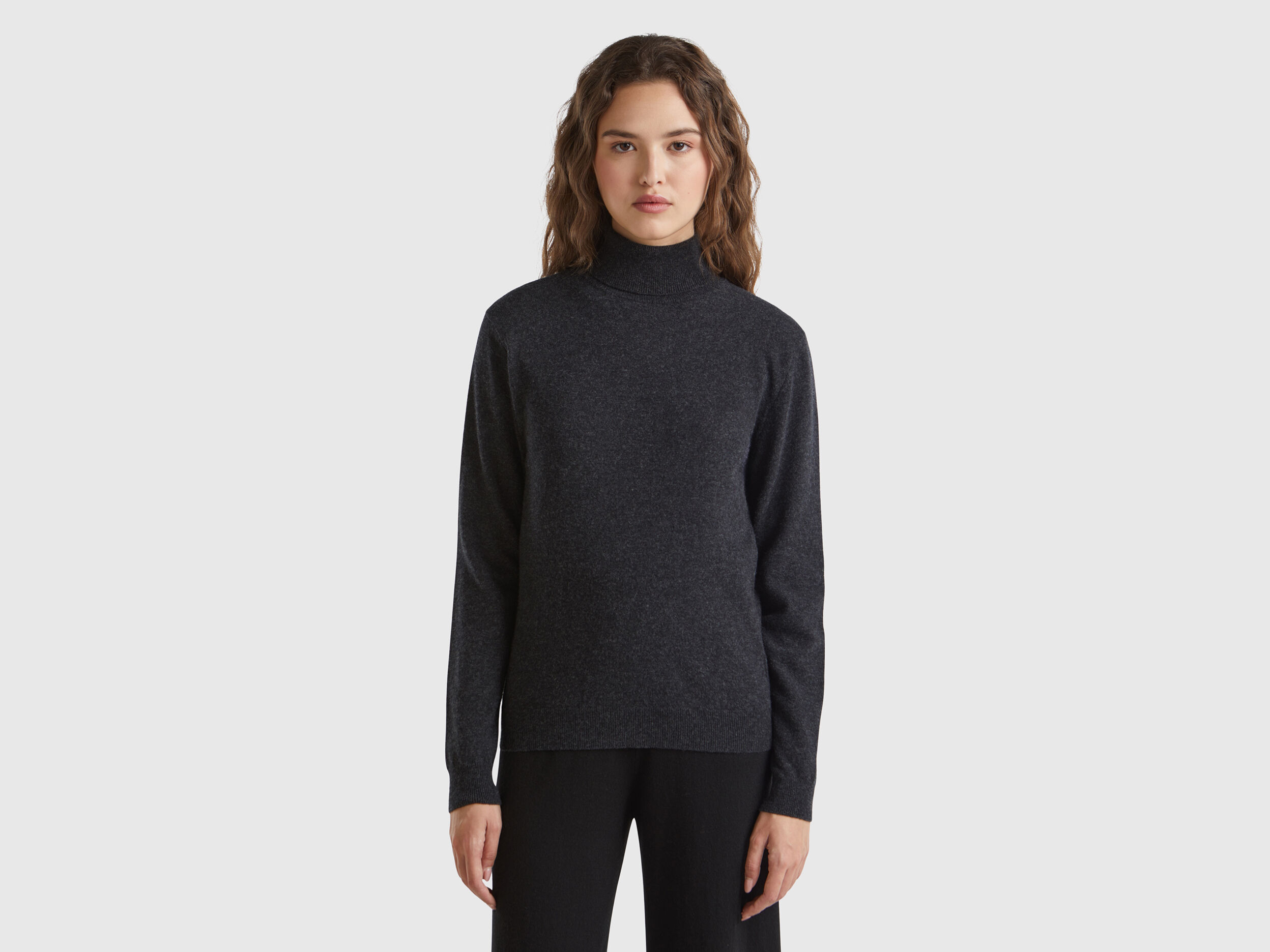 Charcoal gray turtleneck sweater in pure Merino wool Dark Gray Benetton