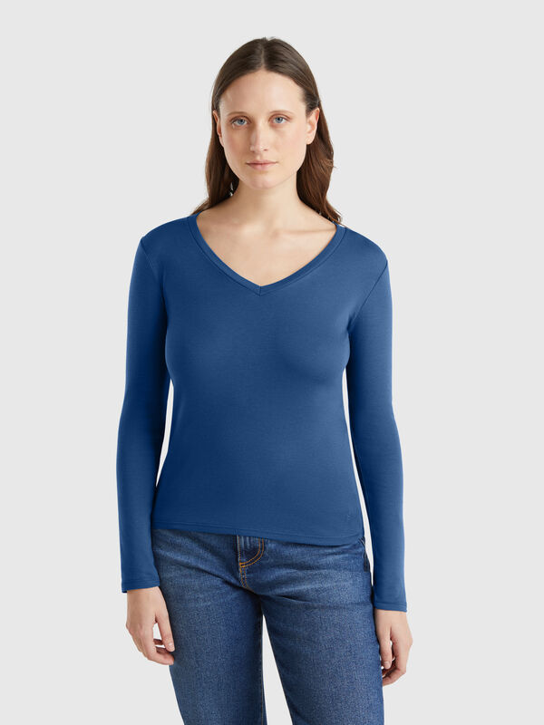 T-shirt manches longues col V Femme