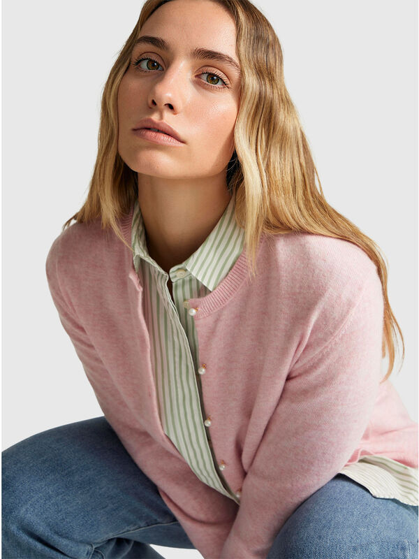 Cardigan rosa in pura lana Merino Donna
