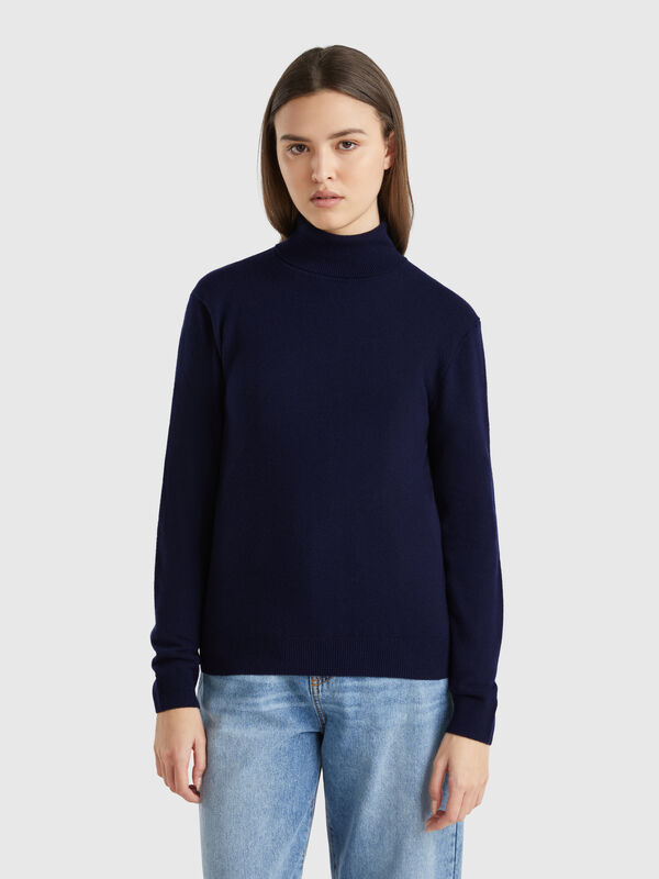 Maglione dolcevita blu notte in pura lana Merino Donna