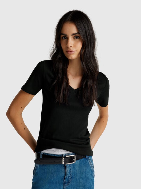 T-shirt in puro cotone con scollo a V Donna