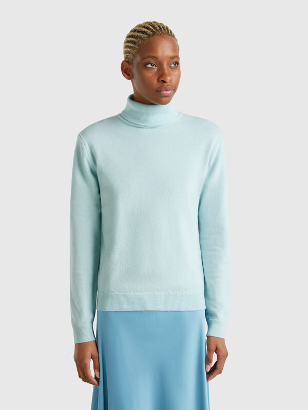 Maglione dolcevita turchese in pura lana Merino Donna
