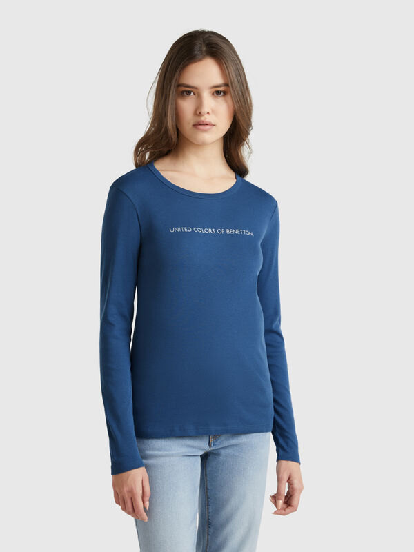 Langärmeliges T-Shirt in Avioblau aus 100% Baumwolle Damen