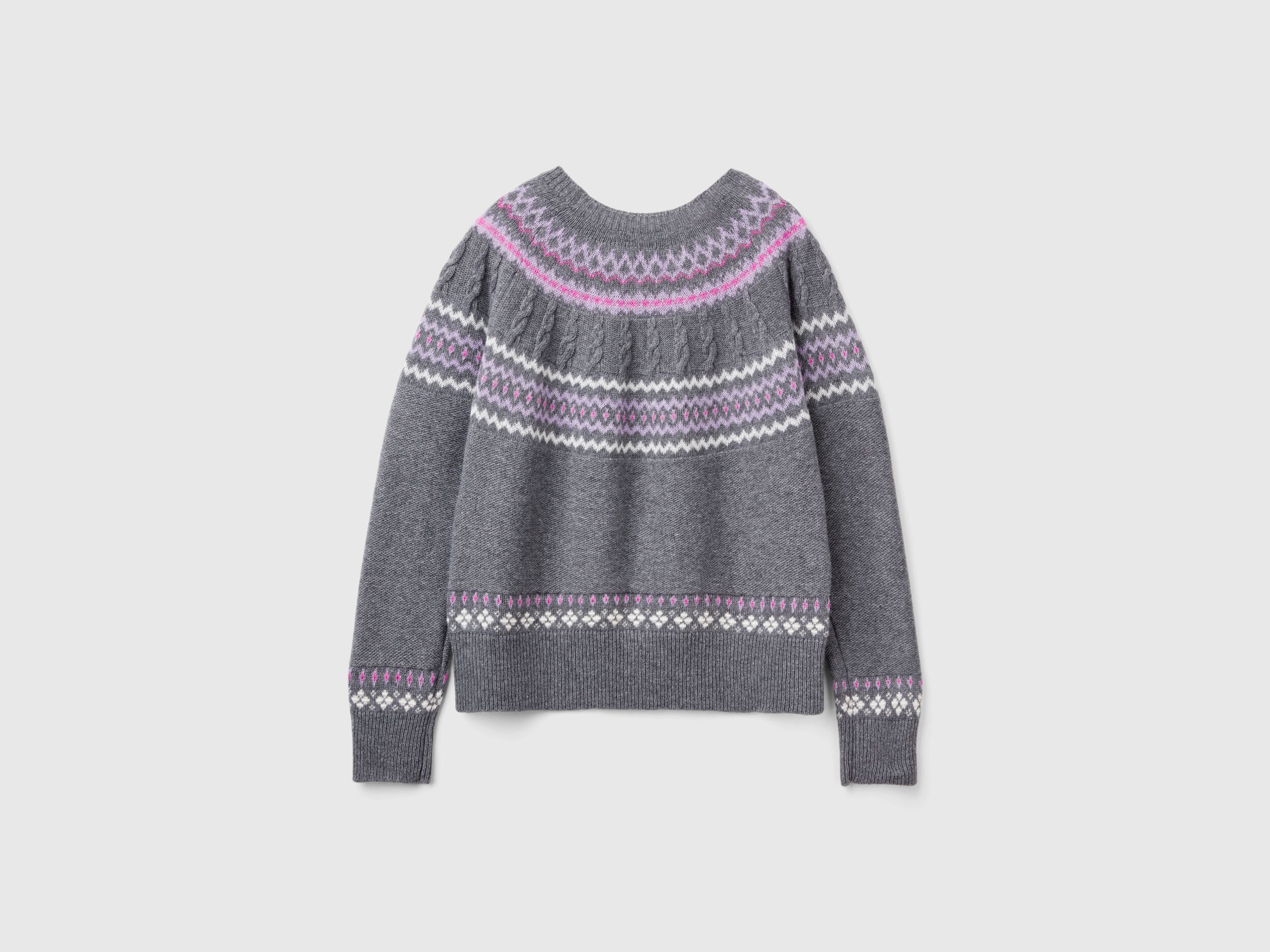Maglione jacquard in misto lana Grigio Scuro Benetton