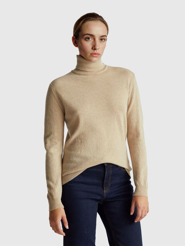 Pull col roulé beige en pure laine mérinos Femme