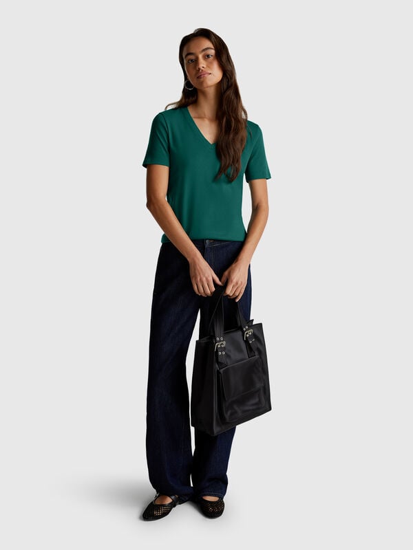 T-Shirt aus reiner Baumwolle mit V-Ausschnitt Damen
