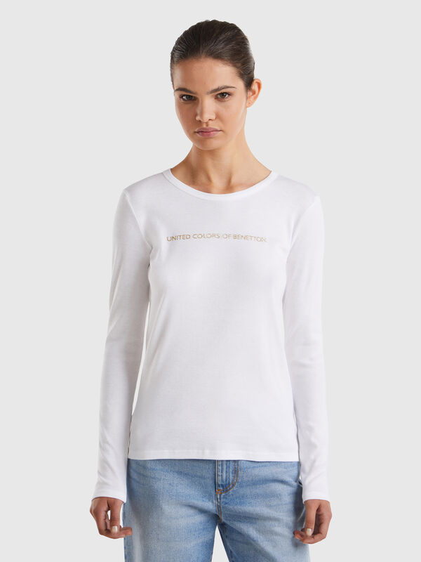 Langärmeliges weißes T-Shirt aus 100% Baumwolle Damen