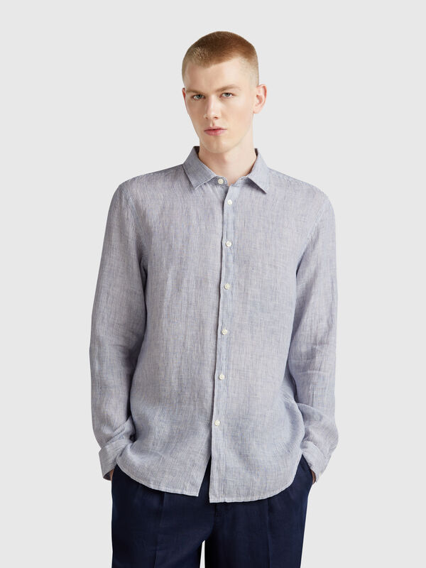 Camicia blu fantasia in puro lino Uomo