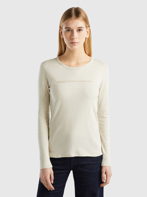 T-shirt beige 100 % coton à manches longues Femme