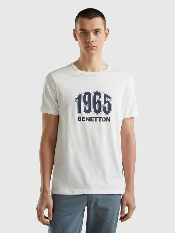 T-shirt bianco panna in cotone bio con stampa logo Uomo