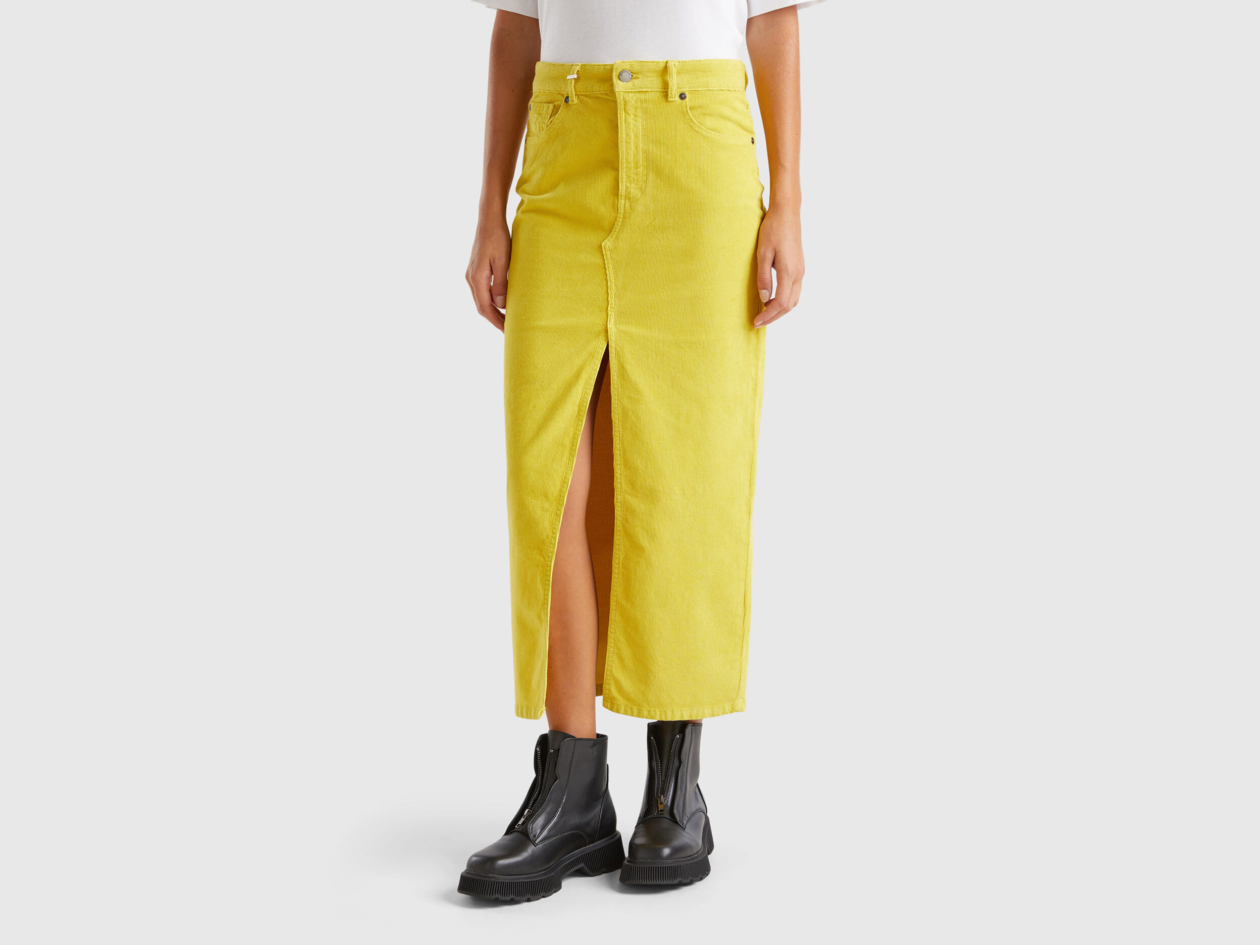 Gonna lunga in velluto a costine Giallo Benetton