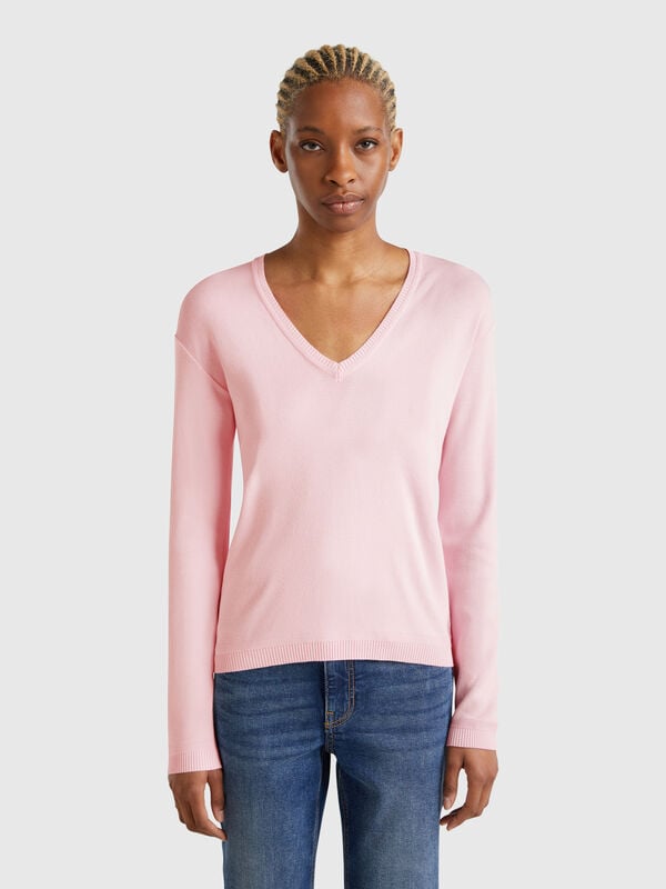 Pulli aus reiner Baumwolle mit V-Ausschnitt Damen