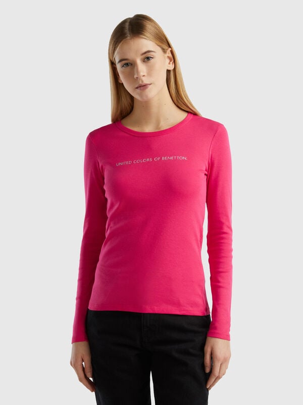 Langärmeliges T-Shirt aus 100% Baumwolle in Fuchsia Damen