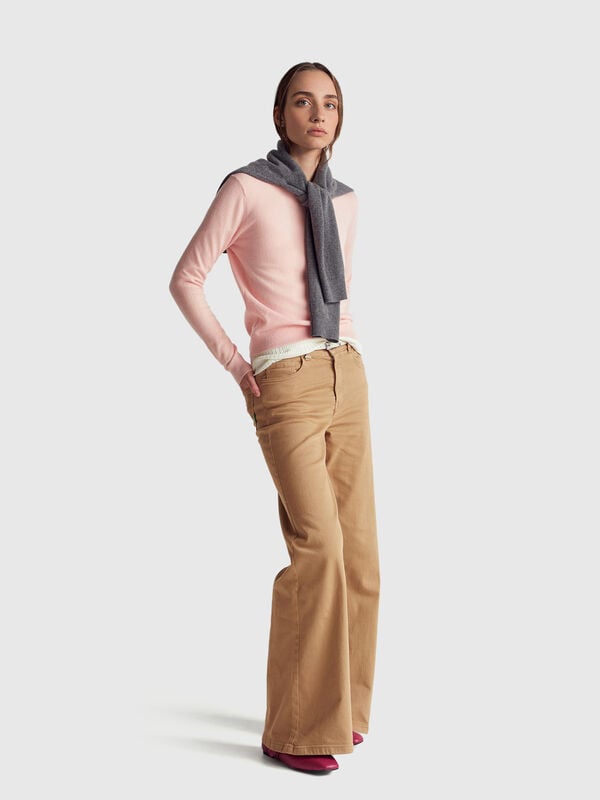 Puderrosa Pullover mit Rundhalsausschnitt aus Merinowolle Damen