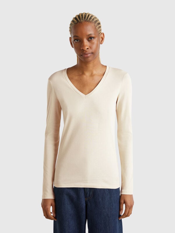 Langärmliges T-Shirt mit V-Ausschnitt Damen
