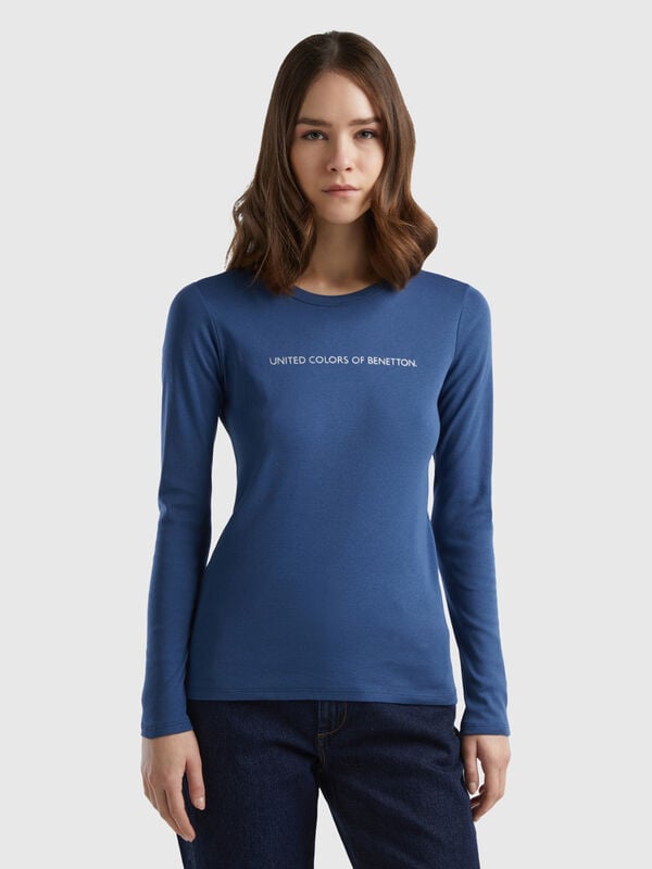 T-shirt bleu avio à manches longues 100 % coton Femme