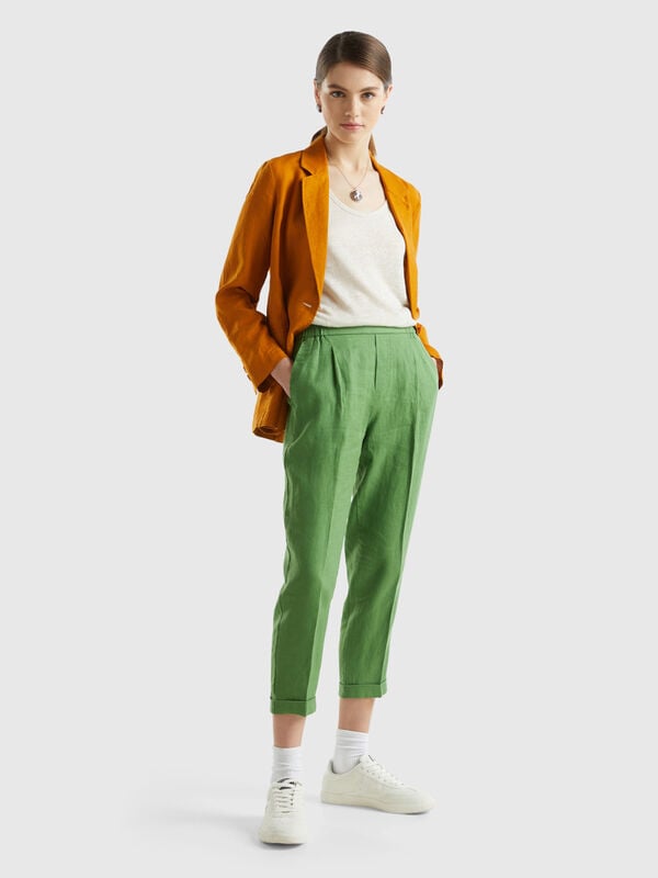 Pantaloni cropped in 100% lino Donna
