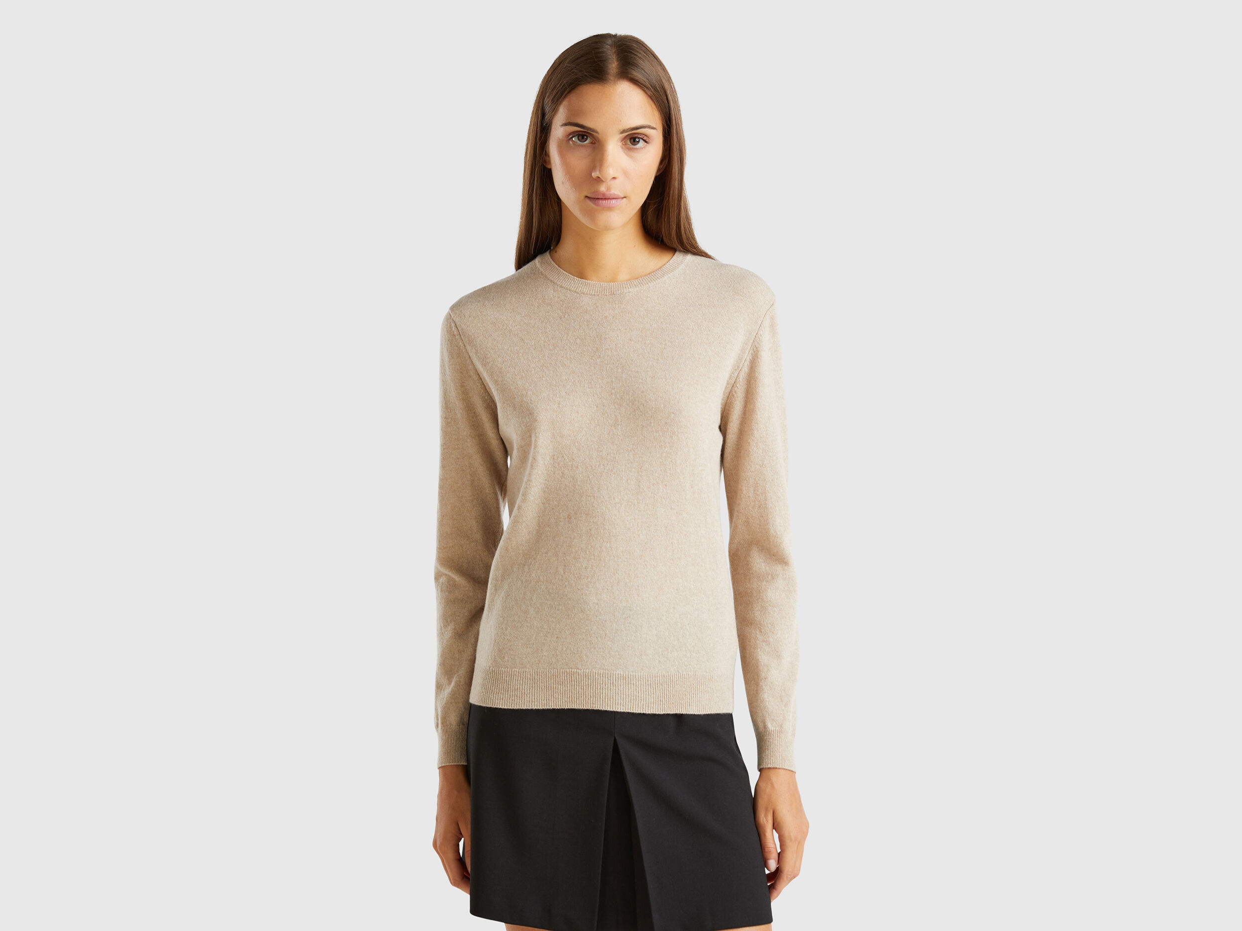 Beige crew neck sweater in pure Merino wool Beige Benetton