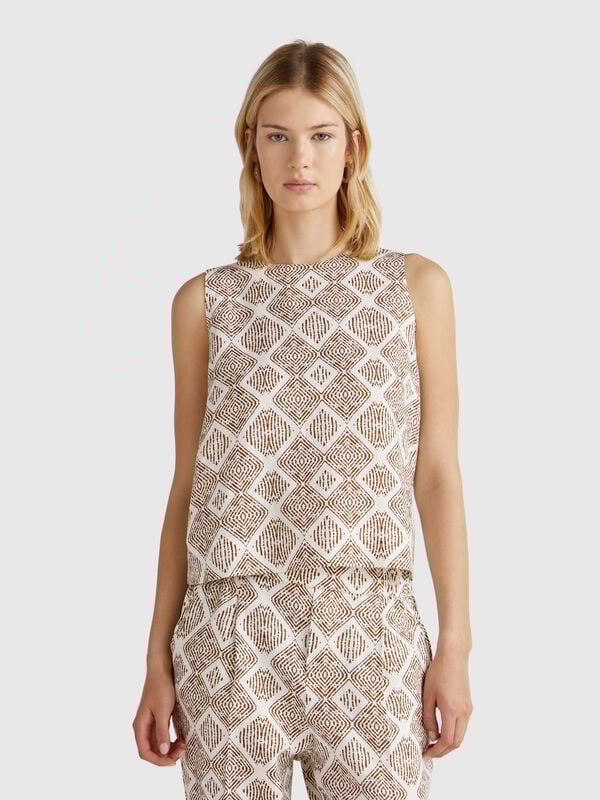 Top imprimé en pur lin Femme