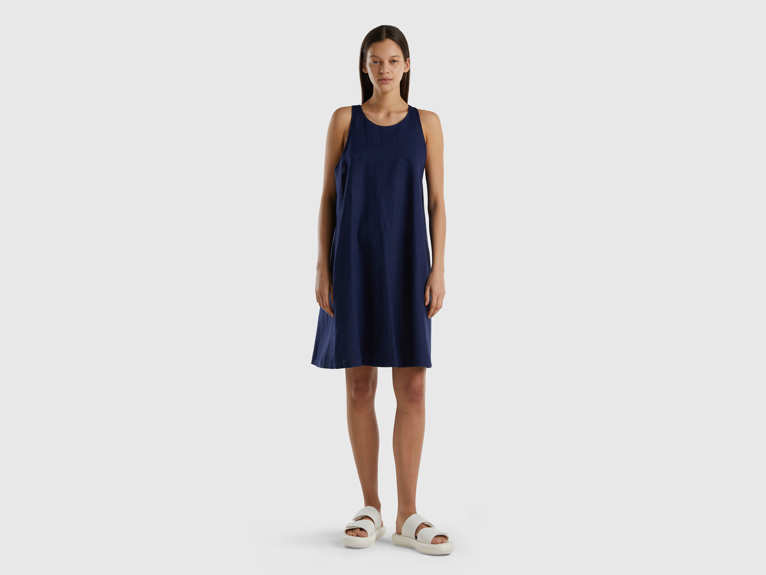 Vestito smanicato in puro lino Blu Scuro Benetton