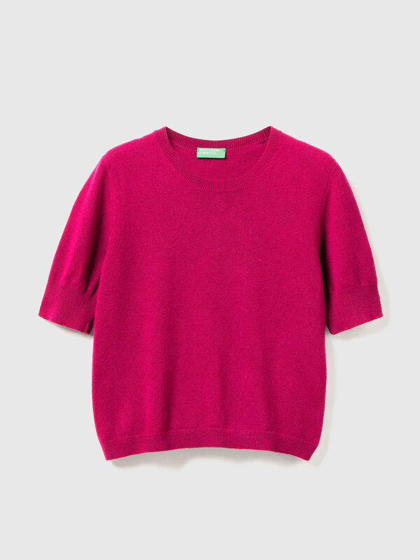 Pull fuchsia à manches courtes en pure laine mérinos Femme