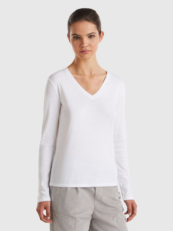 Langärmliges T-Shirt mit V-Ausschnitt Damen
