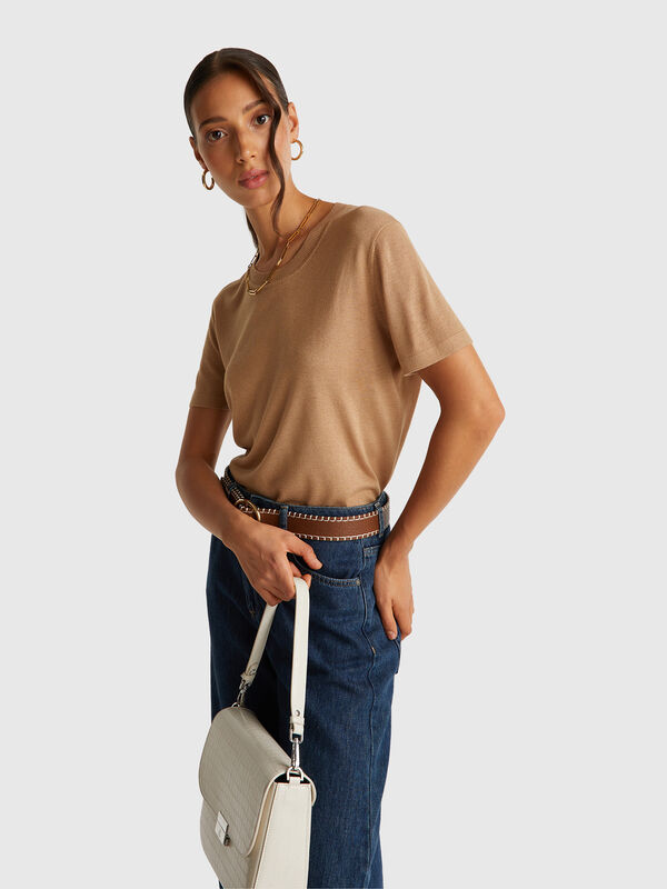 Pull à manches courtes en soie mélangée Femme