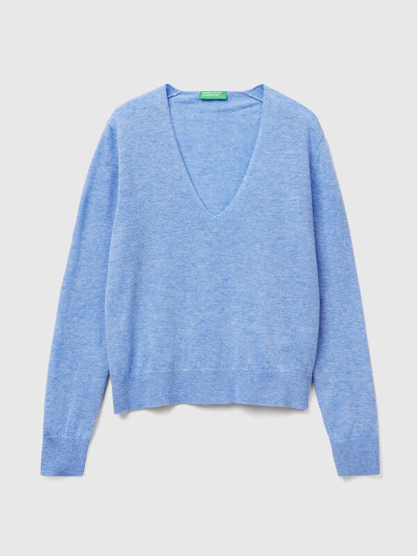 Pull col V bleu clair en pure laine mérinos Femme