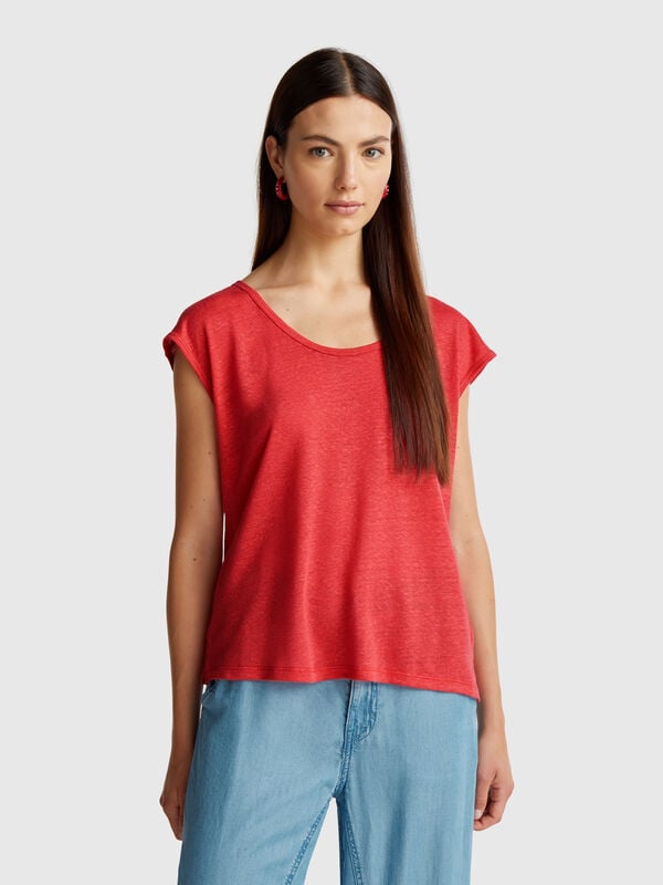 T-shirt col large en pur lin Femme