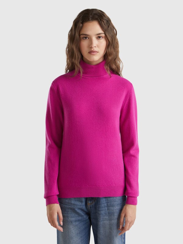 Pull col montant fuchsia cyclamen en pure laine mérinos Femme