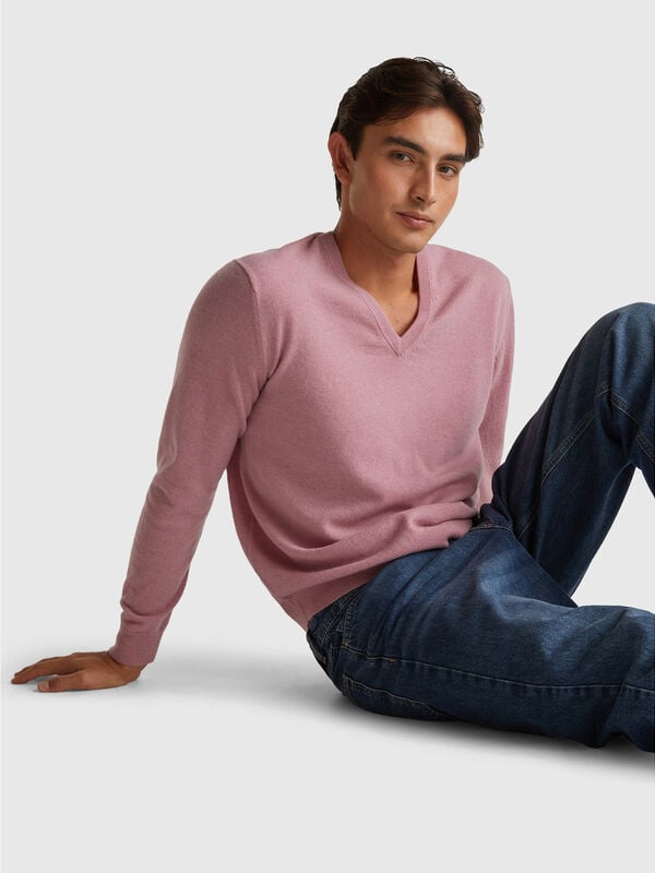 Rosa Melange-Pullover mit V-Ausschnitt aus reiner Merinowolle Herren