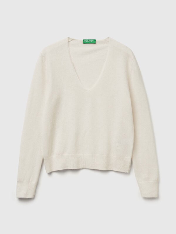 Pull col V crème en pure laine mérinos Femme