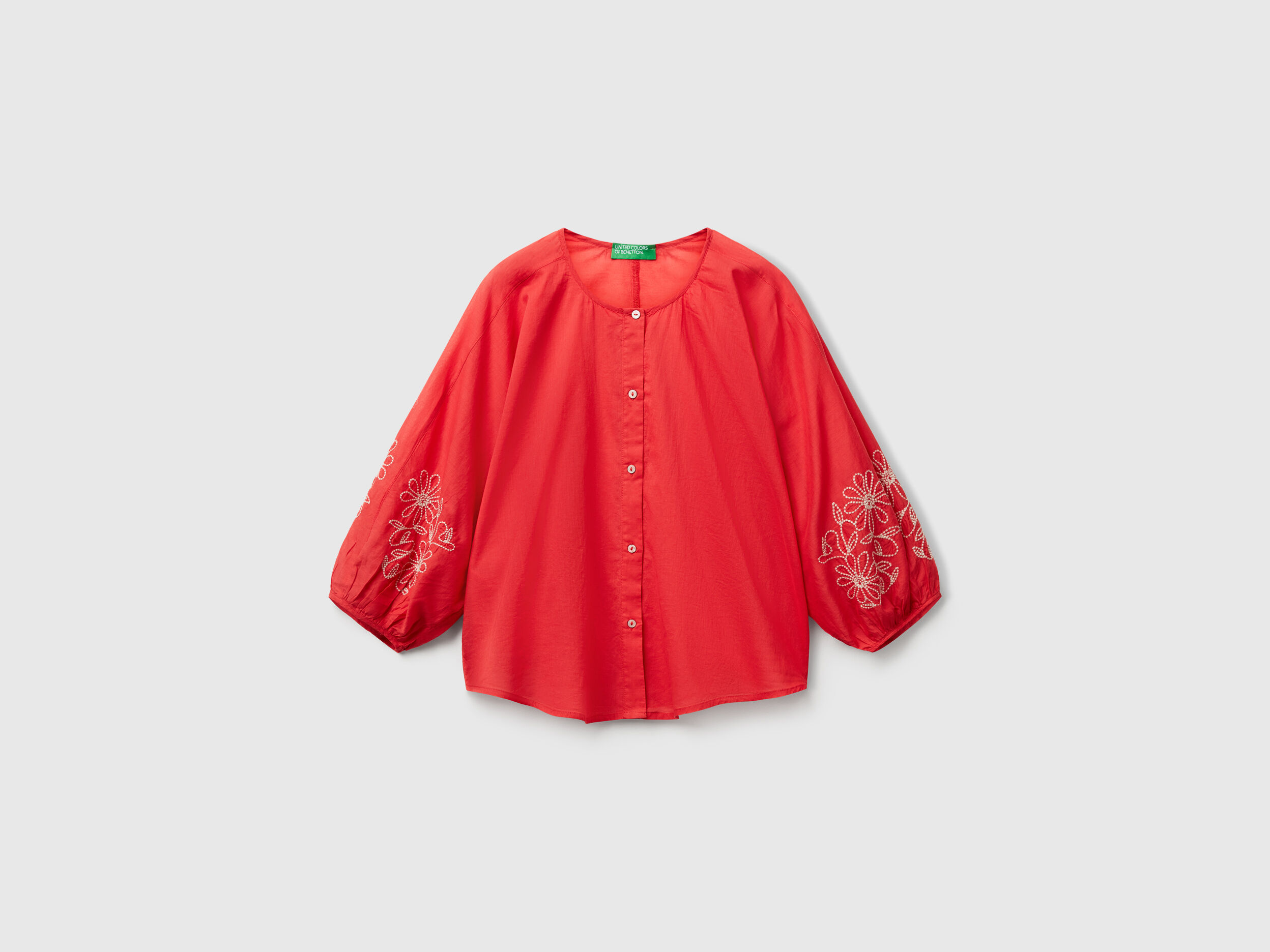Blouse with floral embroidery - Brick Red | Benetton