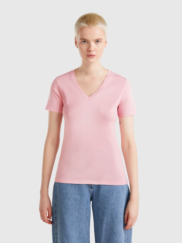 T-shirt rose en pur coton à col en V Femme