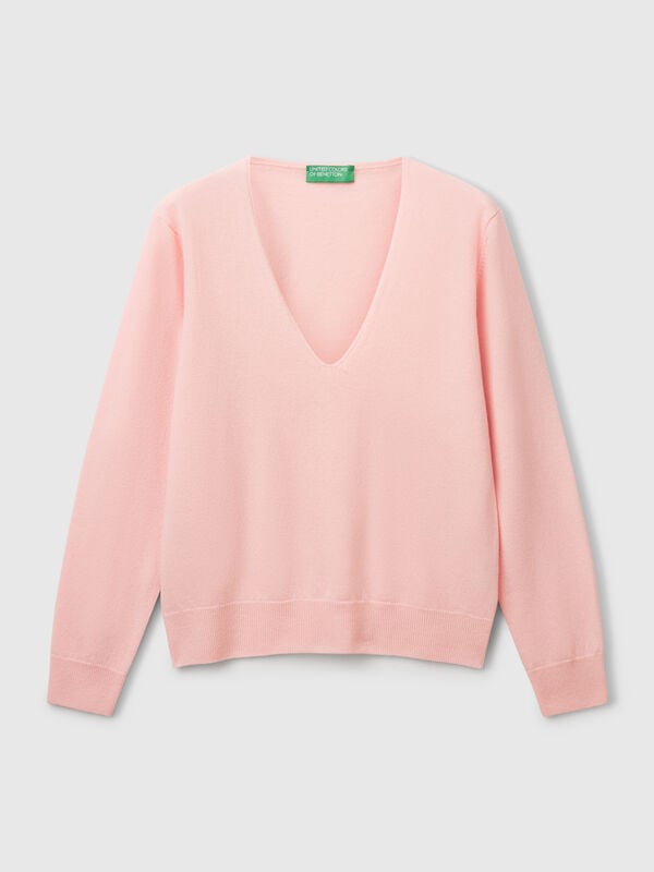 Pull col V rose poudré en pure laine mérinos Femme