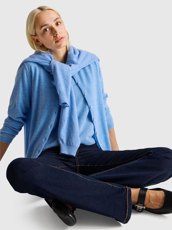 Maglia manica corta azzurro in pura lana Merino Donna