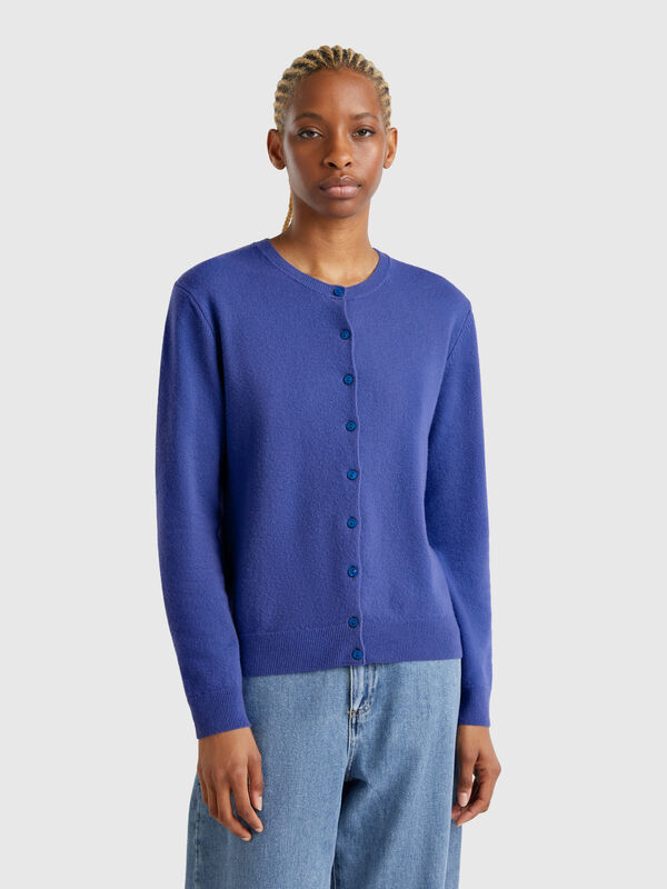 Cardigan girocollo bluette in pura lana Merino Donna