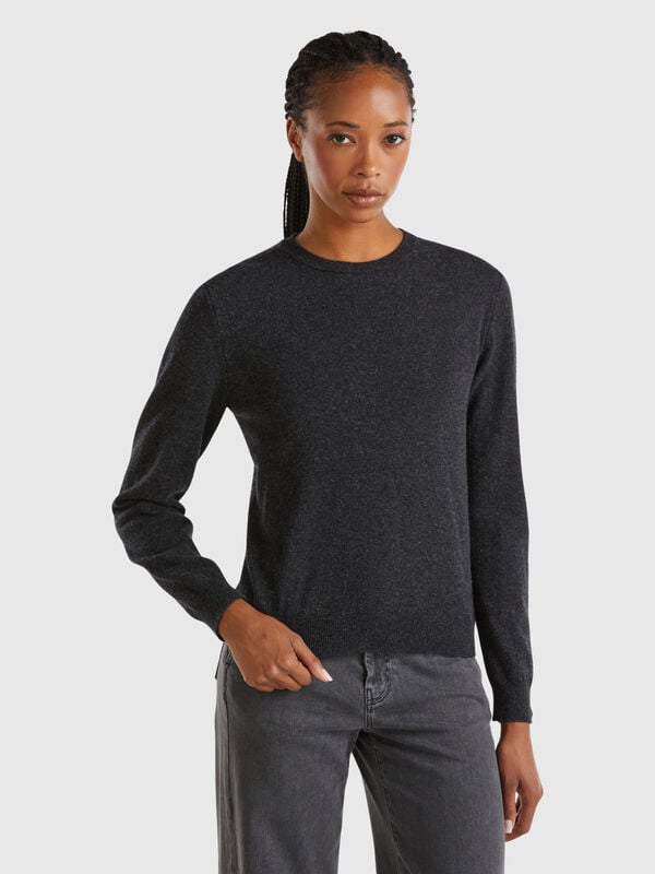 Charcoal gray crew neck sweater in pure Merino wool Women