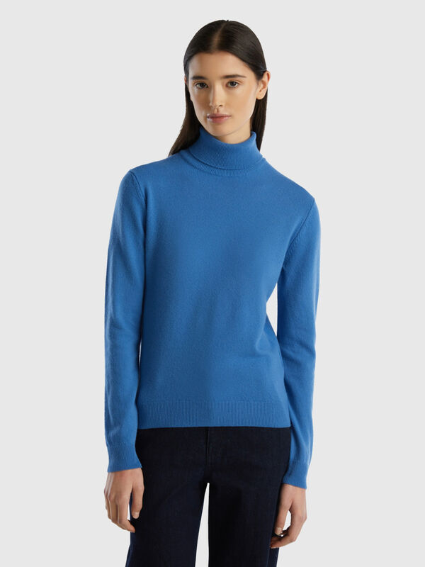 Maglione dolcevita blu in pura lana Merino Donna