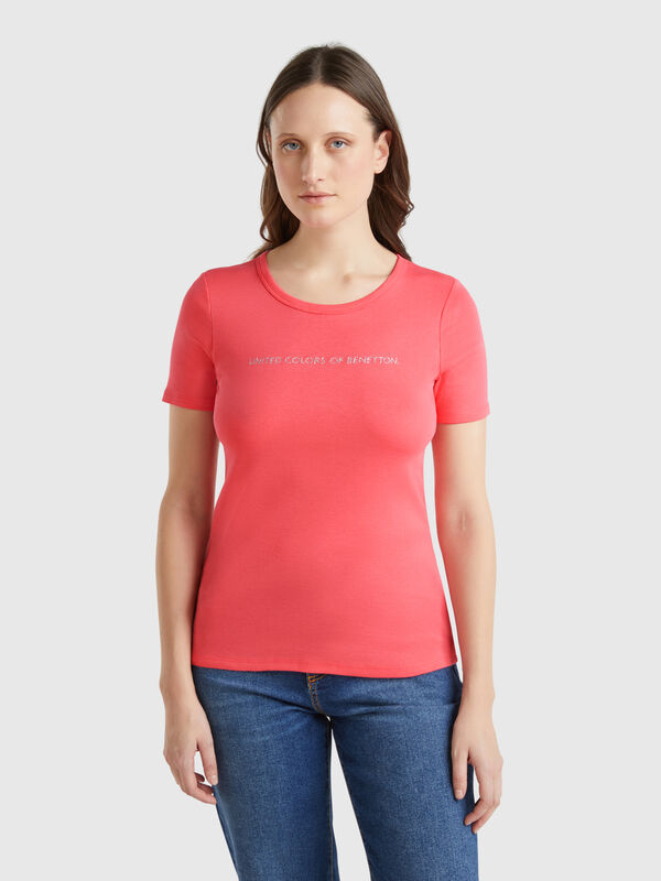 T-shirt 100 % coton à imprimé logo pailleté Femme