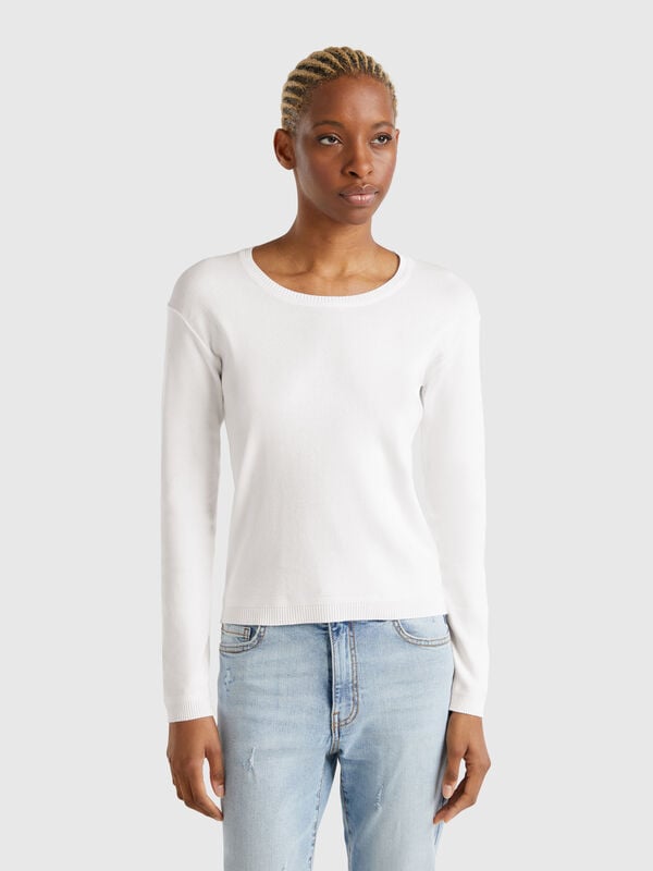 White crew neck sweater in pure cotton Women
