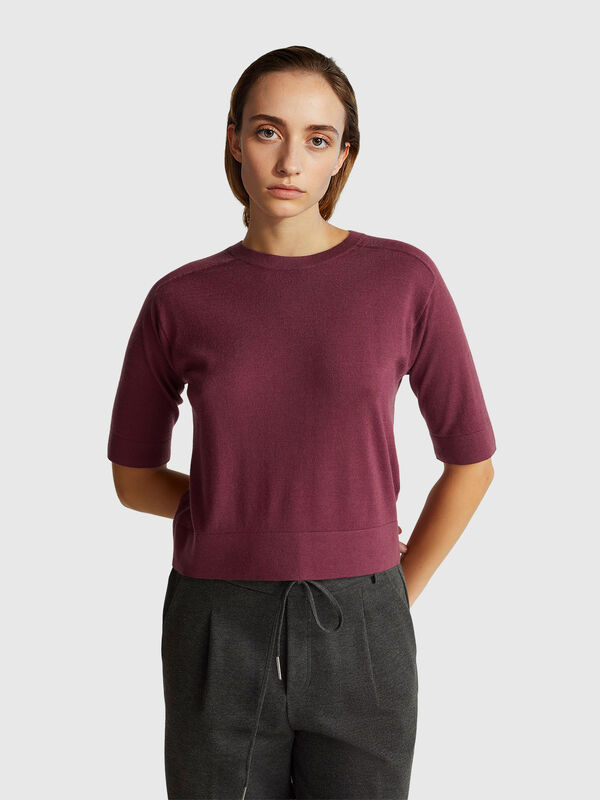 Pull à manches courtes en pure laine mérinos Femme