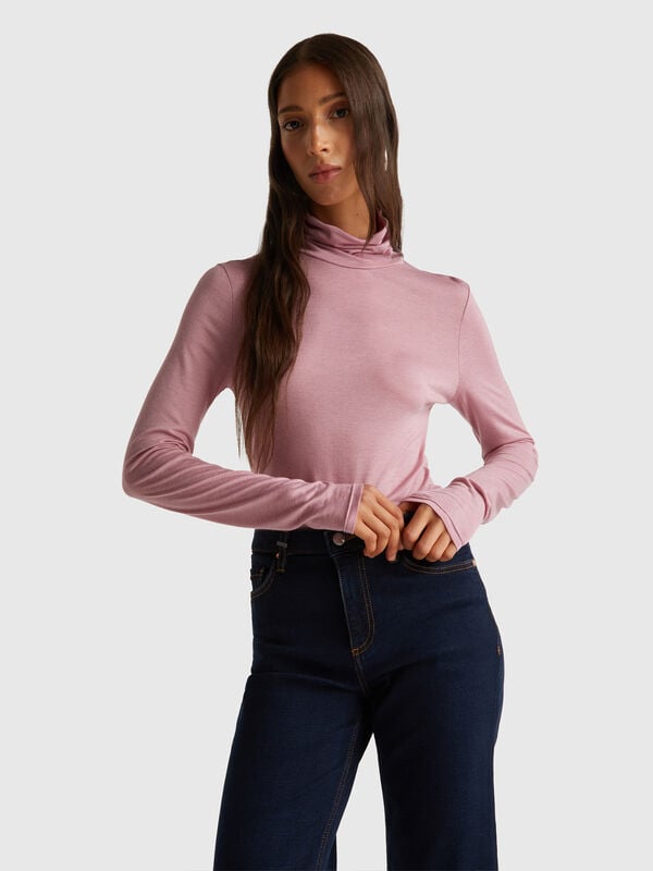 Rollkragen-T-Shirt aus Viskose-Kaschmir-Mix Damen