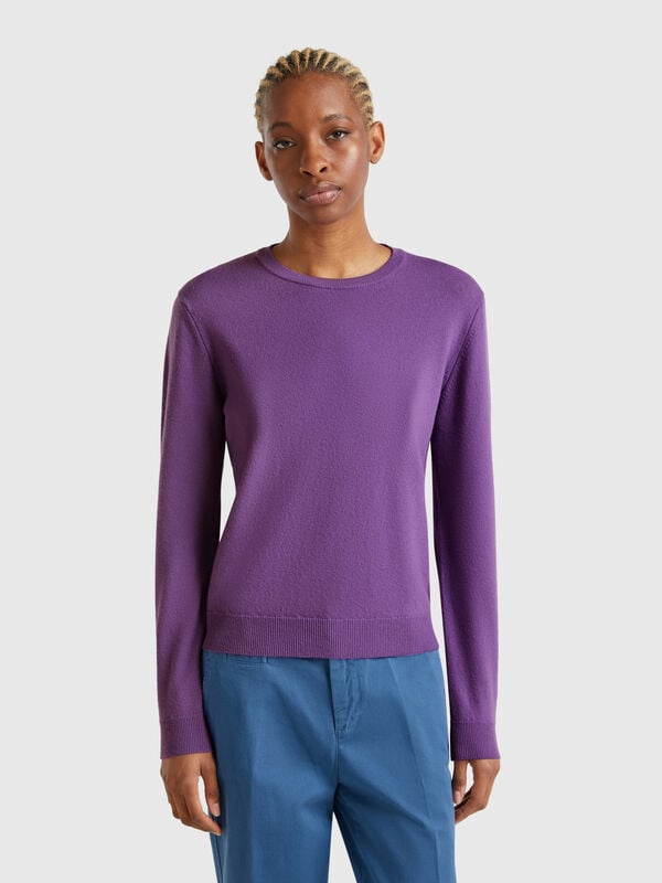 Pull violet à col rond en laine mérinos Femme